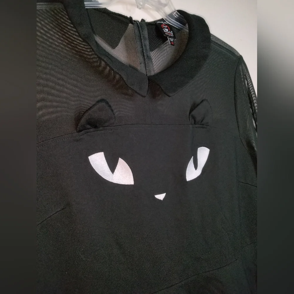 Dolls Kill x Emily (Size 2X) Black Cat Face Sheer Thumbhole Cuff LS Mini Dress - Picture 5 of 16